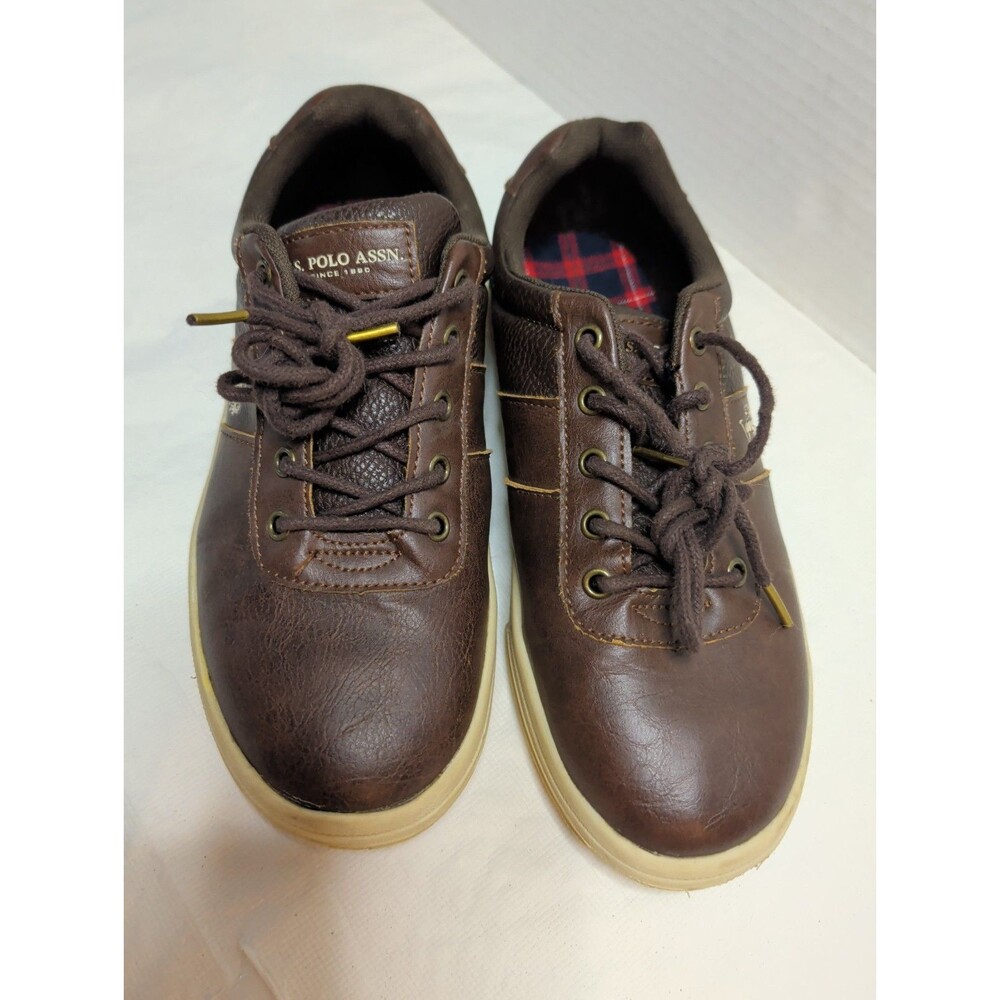 Boys US Pole Assn. Brown Tennis Shoes 4.5 M Plaid Insoles Casual